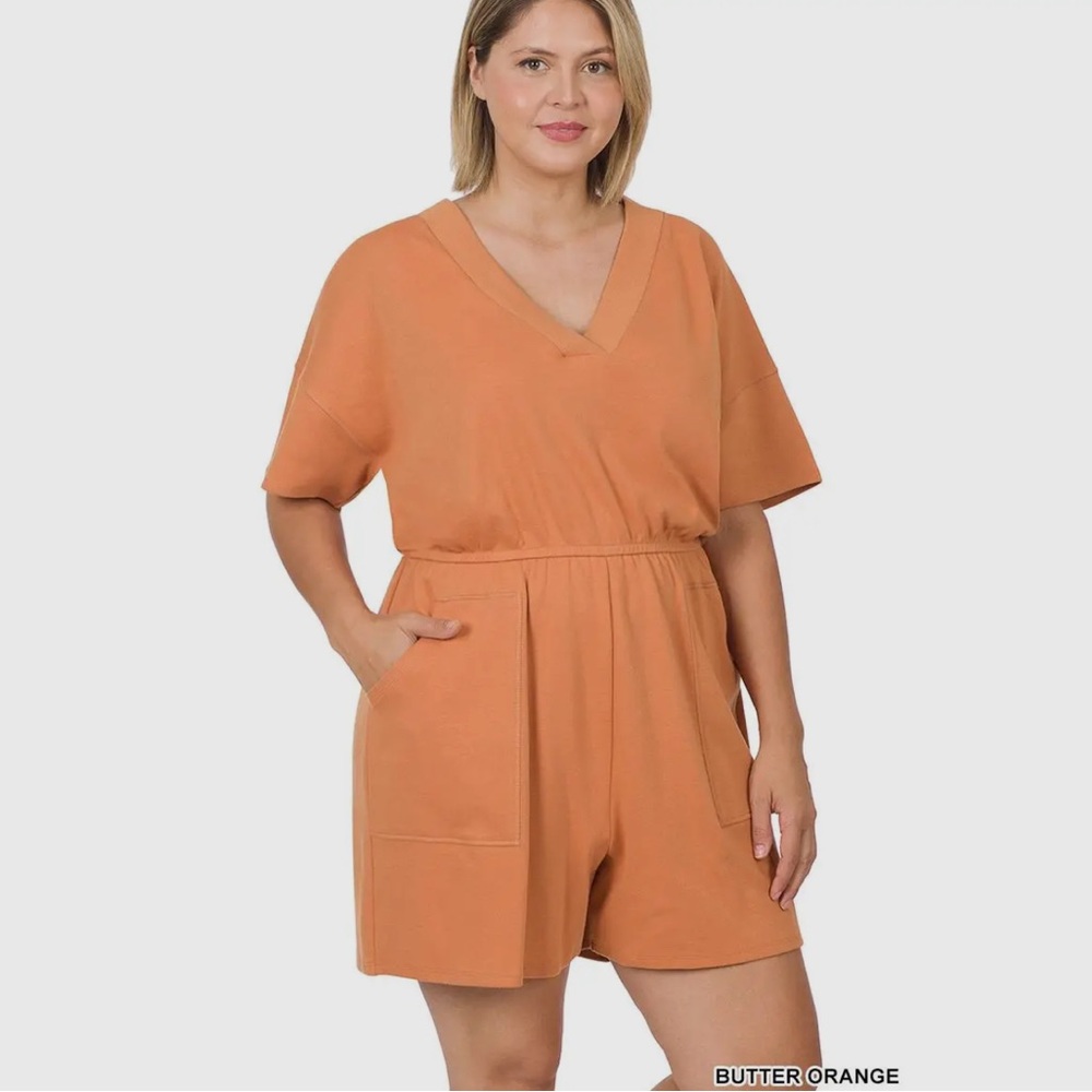 Butter Orange Plus Size Drop Shoulder V-Neck Romper with Pockets